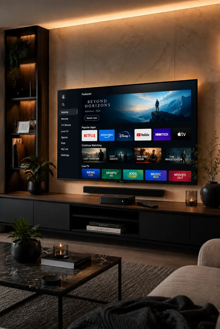 Television entertainment setup in a contemporary room